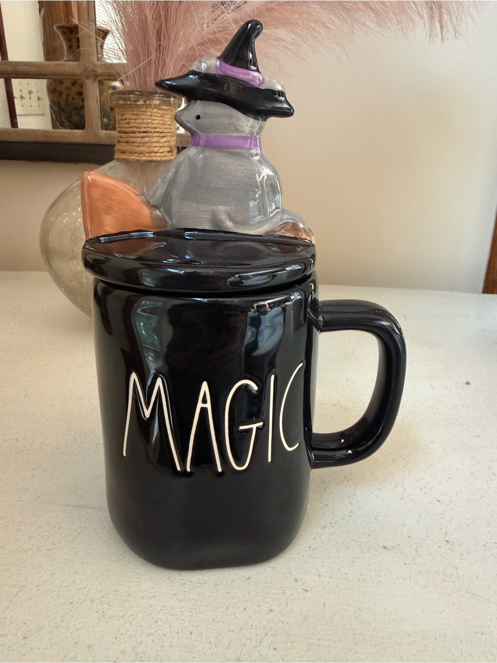 Rae Dunn Black "MAGIC" Halloween Mug with Witch Lid (Purple Accent)